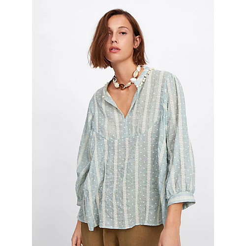 

Жен. Рубашка V-образный вырез Свободный силуэт Уличный стиль Геометрический принт Светло-зеленый S