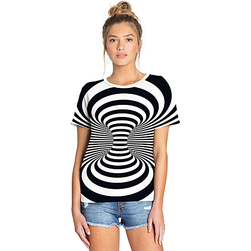 

Women's Street chic / Exaggerated T-shirt - Striped / Color Block / 3D Print White