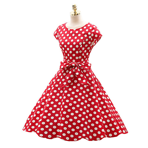 

Audrey Hepburn Country Girl Polka Dots Retro Vintage 1950s Wasp-Waisted Rockabilly Summer Dress Masquerade Women's Cotton Costume Black / White / Ink Blue Vintage Cosplay Party Daily Festival