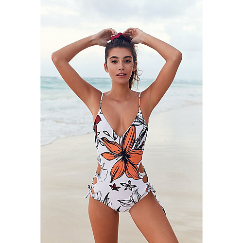 

Women's Basic White Bandeau Cheeky High Waist Bikini Swimwear - Floral Geometric Lace up Print S M L White
