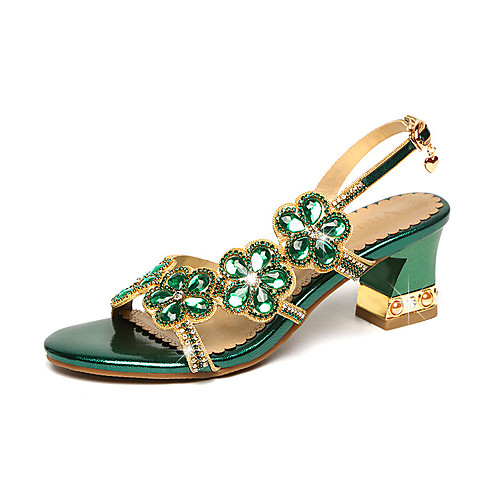 

Жен. Микроволокно Лето Сандалии На толстом каблуке Открытый мыс Стразы Золотой / Лиловый / Зеленый