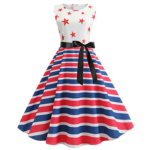 

Жен. С летящей юбкой Платье - Полоски Контрастных цветов До колена