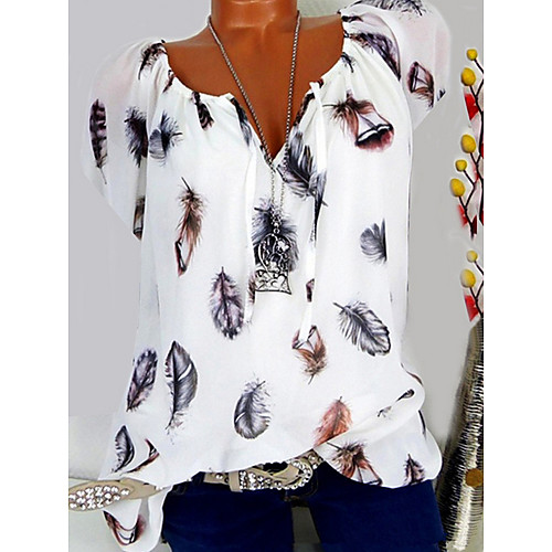 

Women's Graphic Floral Feather Fashion T-shirt V Neck White / Black / Blue / Blushing Pink / Army Green
