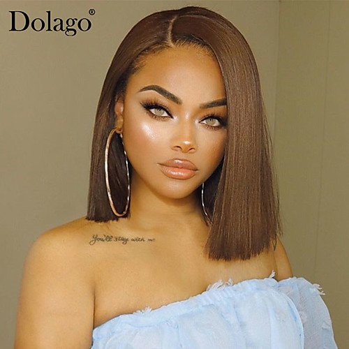 

Human Hair 4x13 Closure Wig Bob Deep Parting style Brazilian Hair Natural Straight Brown Wig 150% Density with Baby Hair Natural Hairline African American Wig For Black Women With Bleached Knots