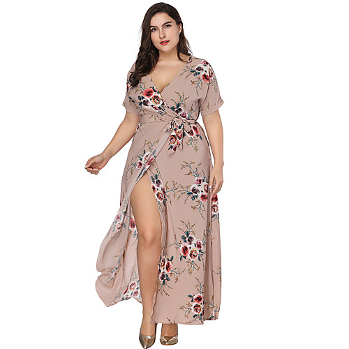 

Women's Maxi Plus Size Khaki Dress Boho Sheath Swing Floral V Neck Split Print XL XXL Loose