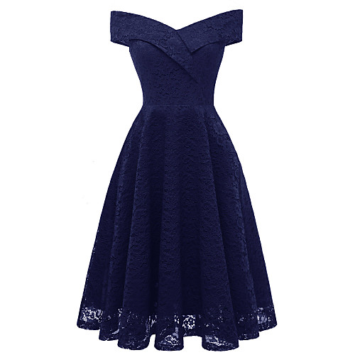 

A-Line Hot Blue Holiday Cocktail Party Dress Off Shoulder Short Sleeve Knee Length Lace with Pleats Lace Insert 2020