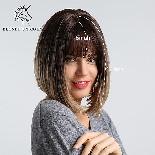 

Synthetic Wig kinky Straight Natural Straight Bob Neat Bang Wig Medium Length Black / Brown Synthetic Hair 12 inch Women's Fashionable Design Synthetic Ombre Hair Brown BLONDE UNICORN