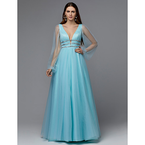 

A-Line Plunging Neck Floor Length Tulle Elegant & Luxurious / Sparkle & Shine Formal Evening Dress 2020 with Beading / Pleats