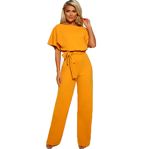 

Women's Basic / Sophisticated Crew Neck Black Blushing Pink Yellow Wide Leg Jumpsuit Onesie, Solid Colored Bow S M L
