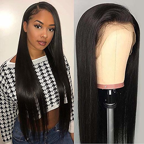 

Remy Human Hair Lace Front Wig With Ponytail style Brazilian Hair Straight Black Wig 130% 150% Density Classic Women Sexy Lady Natural Coloring Women's Medium Length Human Hair Lace Wig Factory OEM