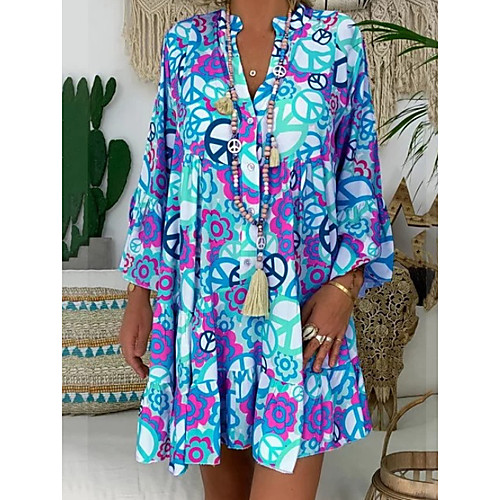 

Women's Basic Swing Dress - Geometric Print Blue Green Fuchsia XXXL XXXXL XXXXXL