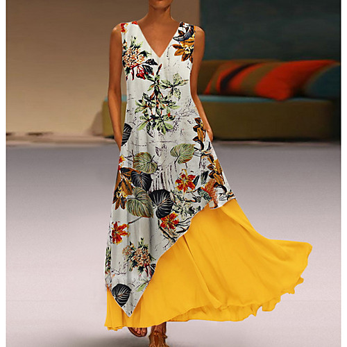 

Women's Maxi Two Piece Dress - Sleeveless Floral V Neck White Yellow S M L XL XXL XXXL XXXXL XXXXXL