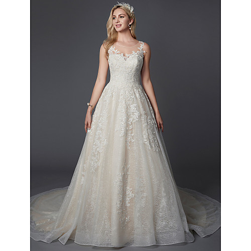 

A-Line Jewel Neck Chapel Train Lace Strapless Glamorous Sparkle & Shine Made-To-Measure Wedding Dresses with Buttons / Lace 2020