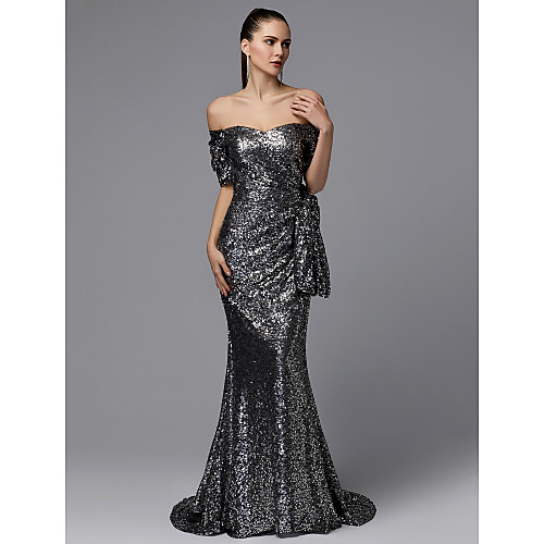 

Mermaid / Trumpet Off Shoulder Sweep / Brush Train Sequined Sparkle & Shine Formal Evening Dress with Ruffles / Pleats 2020