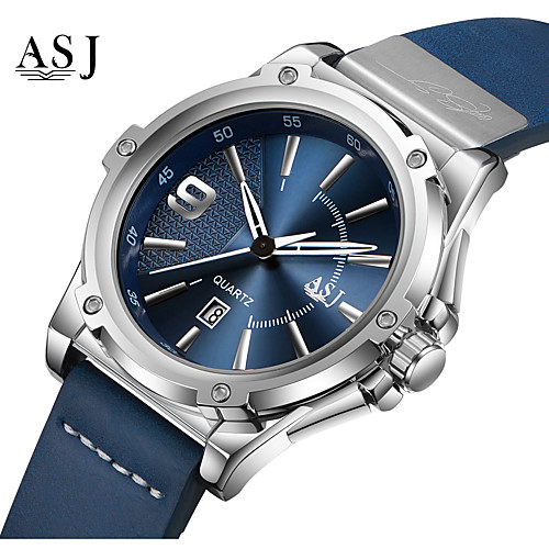 

ASJ Men's Dress Watch Japanese Quartz Genuine Leather Black / Blue 100 m Calendar / date / day Analog Fashion - White Blue One Year Battery Life