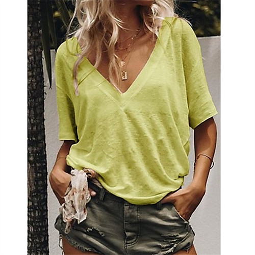 

Women's Cotton Loose T-shirt - Solid Colored V Neck Yellow
