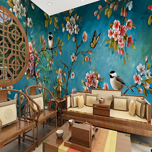 

синий фон цветы птицы подходящие для ТВ фон обои на стену фрески гостиная кафе ресторан спальня офис xxxl (448 280см