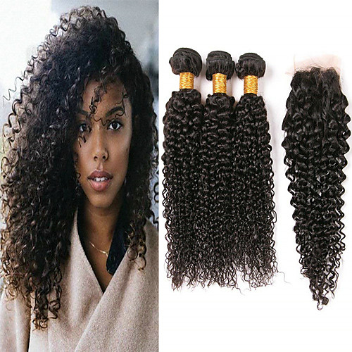 

3 комплекта с закрытием Бразильские волосы Kinky Curly Не подвергавшиеся окрашиванию 100% Remy Hair Weave Bundles Человека ткет Волосы Пучок волос One Pack Solution 8-20 дюймовый Естественный цвет