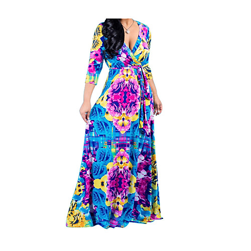 

Women's Plus Size Maxi Slim Swing Dress V Neck Blue XXXL XXXXL XXXXXL