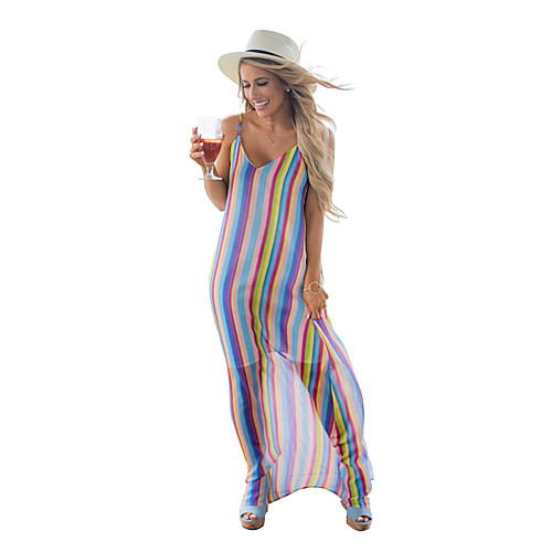 

Жен. Богемный Уличный стиль А-силуэт С летящей юбкой Платье - Полоски Радужный Макси