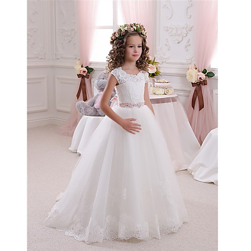 

Ball Gown Sweep / Brush Train Flower Girl Dress - Cotton / Lace / Tulle Cap Sleeve Scalloped Neckline with Beading / Appliques / Bow(s)
