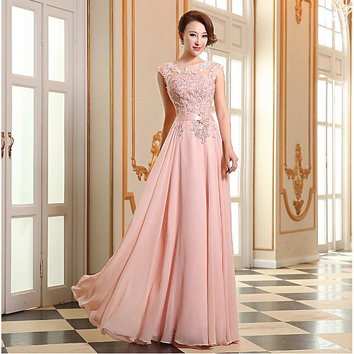 

A-Line Illusion Neck Floor Length Georgette / Beaded Lace Empire / Pink Prom / Formal Evening Dress with Appliques 2020