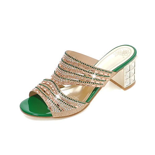 

Жен. Сандалии Slingback На толстом каблуке Открытый мыс Стразы Полиуретан Винтаж Лето Золотой / Темно-зеленый