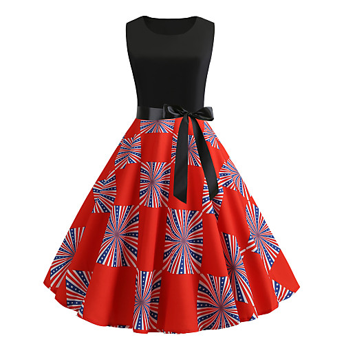 

Жен. Винтаж А-силуэт Платье - Геометрический принт, Плиссировка Пэчворк С принтом До колена