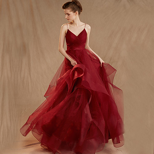 

Ball Gown Spaghetti Strap Sweep / Brush Train Tulle Sparkle & Shine / Elegant Prom Dress 2020 with Sequin / Tier / Criss Cross