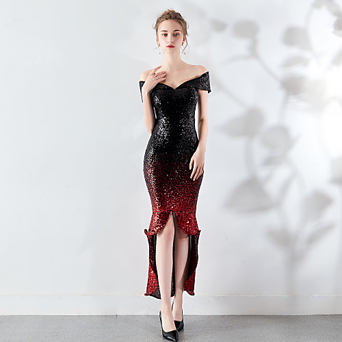 

Sheath / Column Off Shoulder Asymmetrical Sequined Sparkle & Shine / Color Block Cocktail Party / Holiday Dress 2020 with Sequin