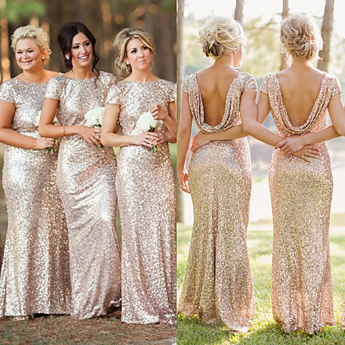 

Mermaid / Trumpet Jewel Neck Floor Length Sequined Bridesmaid Dress with Ruching