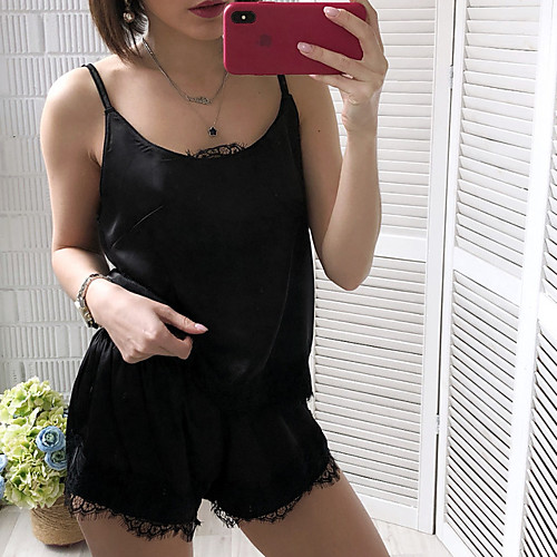 

Жен. Шёлк и сатин / Костюм Ночное белье - Кружева Однотонный Черный M L XL
