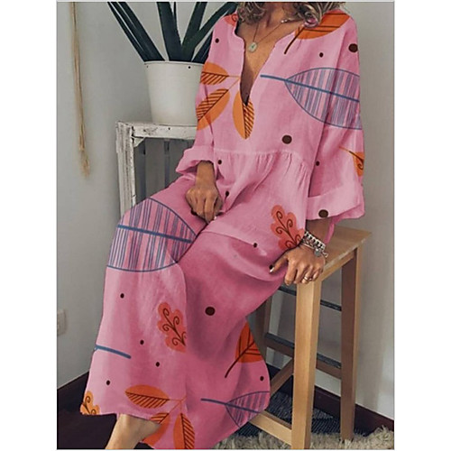 

Women's Maxi Yellow Blushing Pink Dress Vintage Style Daily Swing Print V Neck Print Basic S M Oversized / Belt Not Included