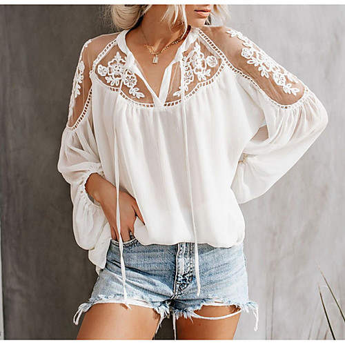 

Women's Shirt - Solid Colored Lace V Neck White