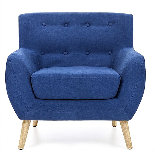 

синее льняное обитое кресло с деревянными ножками в современном стиле