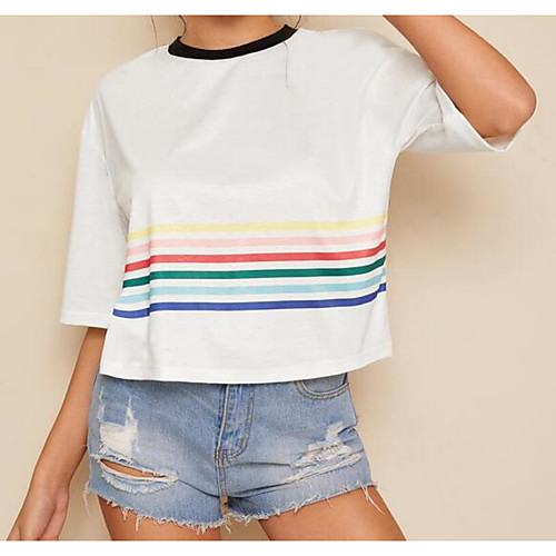

Жен. С принтом Футболка Классический / Уличный стиль Полоски / 3D / Радужный Белый US6