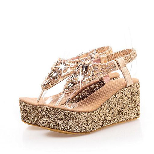

Жен. Полиуретан Лето Милая Сандалии Туфли на танкетке Открытый мыс Пайетки Золотой / Серебряный