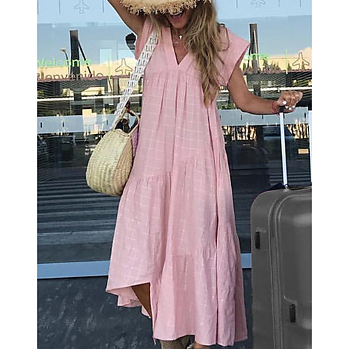 

Women's Yellow Blushing Pink Dress Basic Spring T Shirt Solid Colored V Neck Ruffle Fashion S M