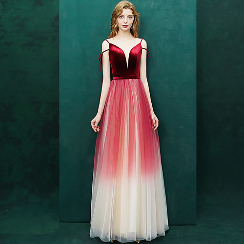 

А-силуэт Погруженный декольте В пол Тюль Цветовые блоки Выпускной Платье с Бант(ы) / Пояс / лента от LAN TING Express