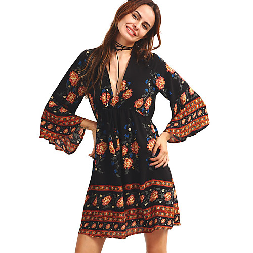 

Жен. Классический Уличный стиль А-силуэт Платье - Цветочный принт, Оборки Шнуровка С принтом Выше колена