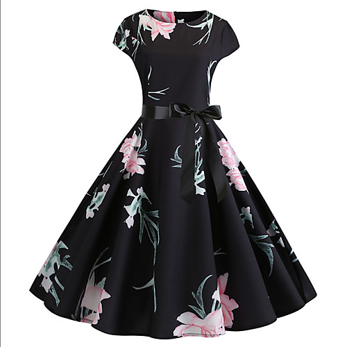 

Жен. Классический Шинуазери (китайский стиль) А-силуэт С летящей юбкой Платье - Контрастных цветов, С принтом До колена