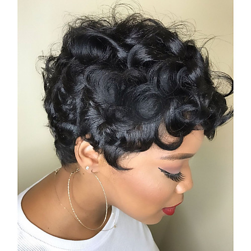 

Human Hair Wig Short Curly Natural Wave Pixie Cut Sexy Lady Best Quality Comfortable Capless Women's All Black#1B / African American Wig / For Black Women