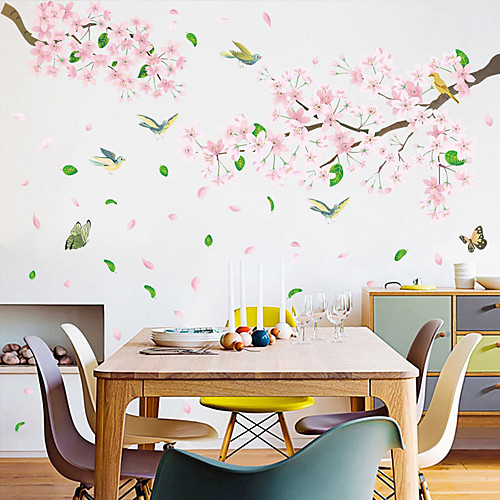 

стикеры на стенах с розовыми цветами и птицами - 3d наклейки на стены цветочные / ботанические / ландшафтный кабинет / офис / столовая / кухня