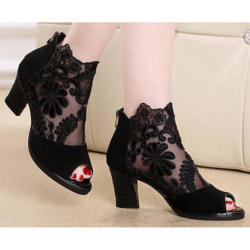 

Women's Lace / PU(Polyurethane) Spring & Summer Boots Chunky Heel Booties / Ankle Boots Black / Wine