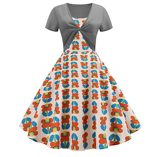 

Жен. Классический С летящей юбкой Платье - Цветочный принт, С принтом До колена