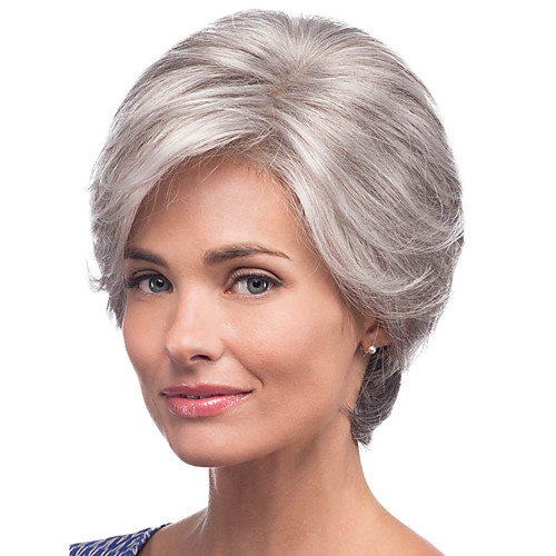 

Human Hair Wig Medium Length kinky Straight Natural Straight Bob Pixie Cut Layered Haircut Asymmetrical Silver Fashionable Design Adjustable Comfortable Capless Women's All Sliver White 8 inch