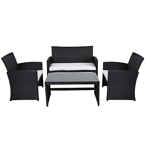 

черный смолистый плетеный 4-местный уличный набор мебели для патио с белыми мягкими подушками сидений