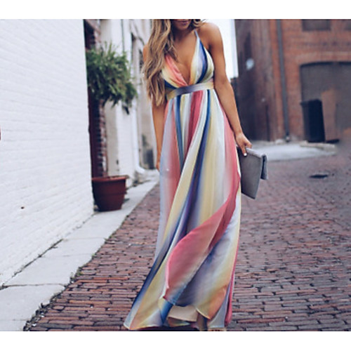 

женское платье макси-свинг Deep V Rainbow S M L XL