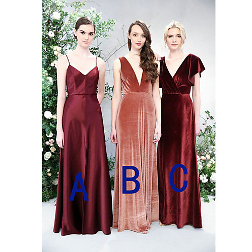 

A-Line Spaghetti Strap / Plunging Neck Floor Length Satin / Velvet Bridesmaid Dress with Ruching