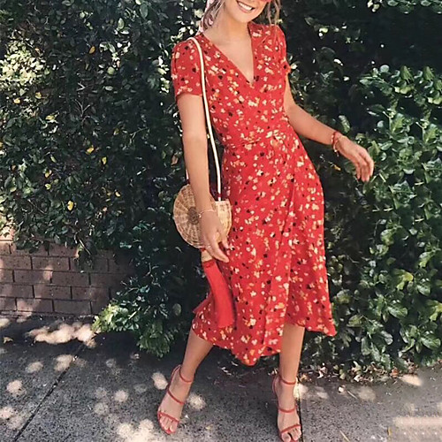 

Жен. Уличный стиль Оболочка Платье - Цветочный принт, Пэчворк обернуть Средней длины